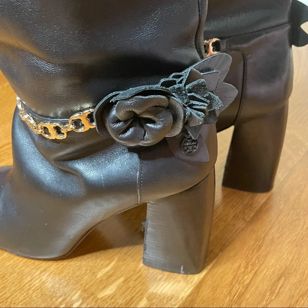 Tory Burch Leather Floral Blossom Knee High Heeled Boot
